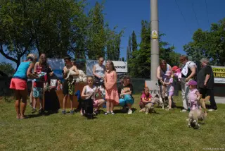 Všechny "naše" děti a jejich chlupáči.